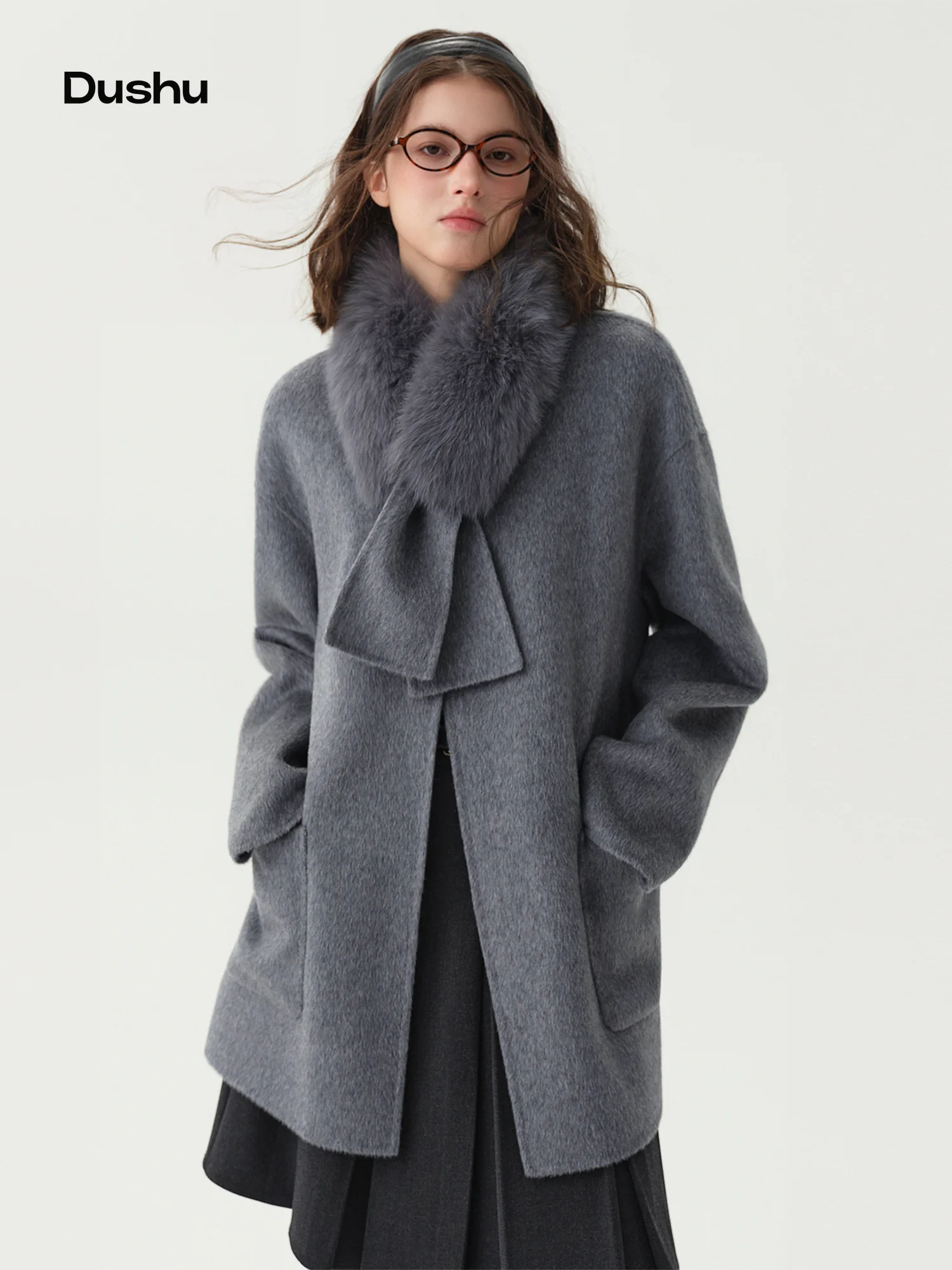 DUSHU Wool-blend Coat Women Fox Fur Collar Thick Loose Mid Length for Winter 2026 Solid Elegant Pretty Outwear Dating
