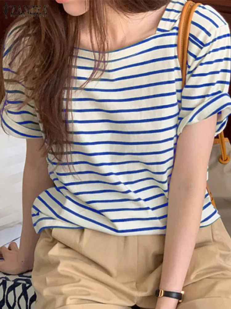 ZANZEA Korean Style Stripes Short Sleeve Tops Shirt Harajuku Women Square Neck Blouse 2024 Summer Tunic All-match Simple Blusas