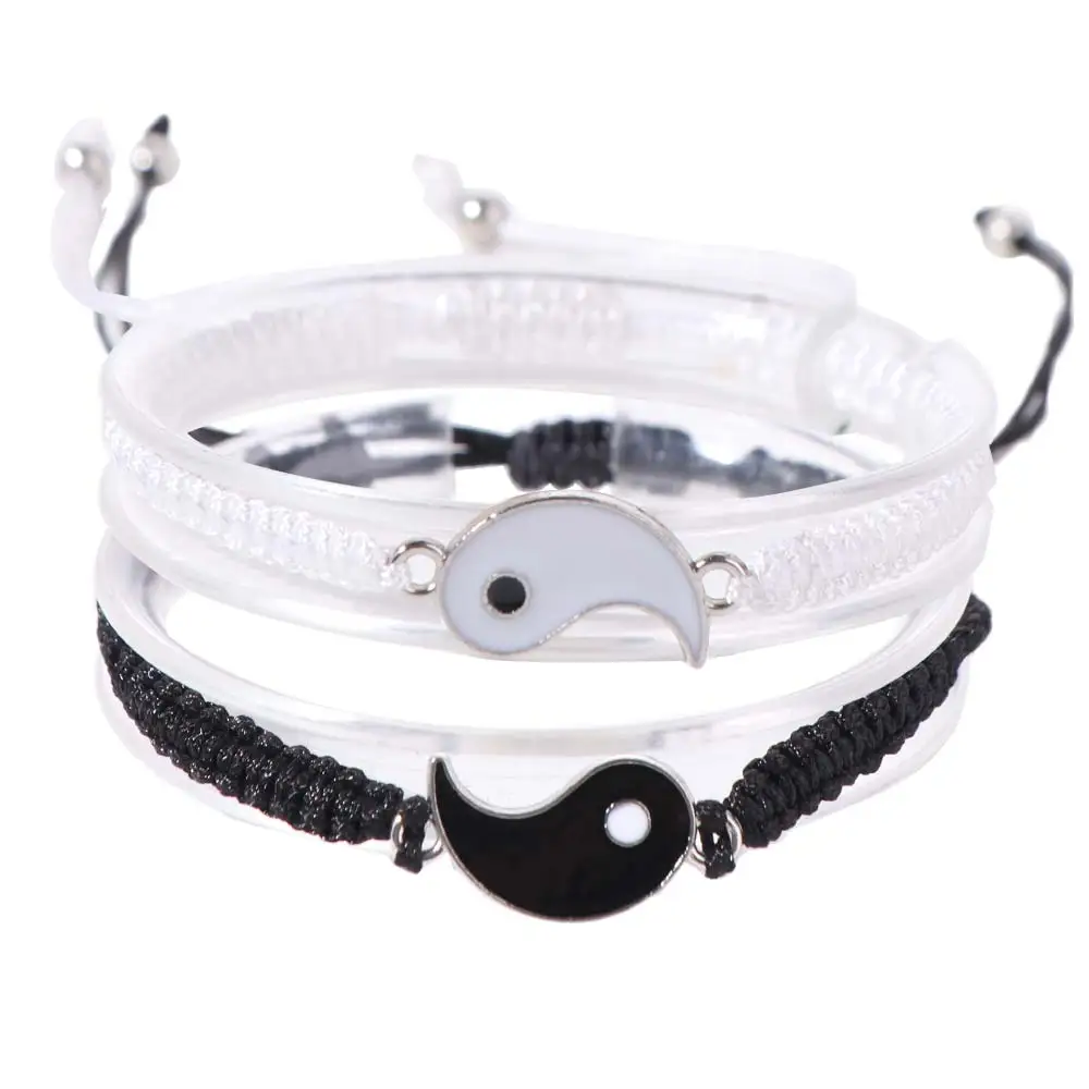 1 Pair Chinese Style Taichi Bracelets Yin and Yang Bagua Taichi Friend Bracelet Handmade Black&White Taichi Hand Rope Schoolgirl