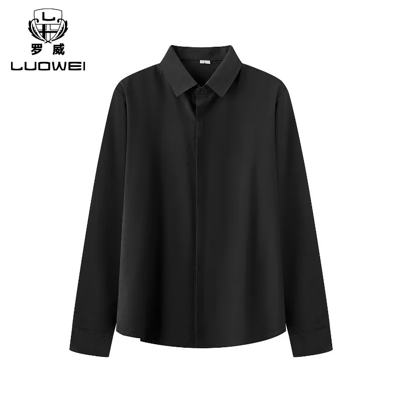 Men Business Casual Shirt Fitted Solid Elastic Long-sleeve Shirt Exquisite Spring Summer Formal Work All-Match Gentleman Shirts