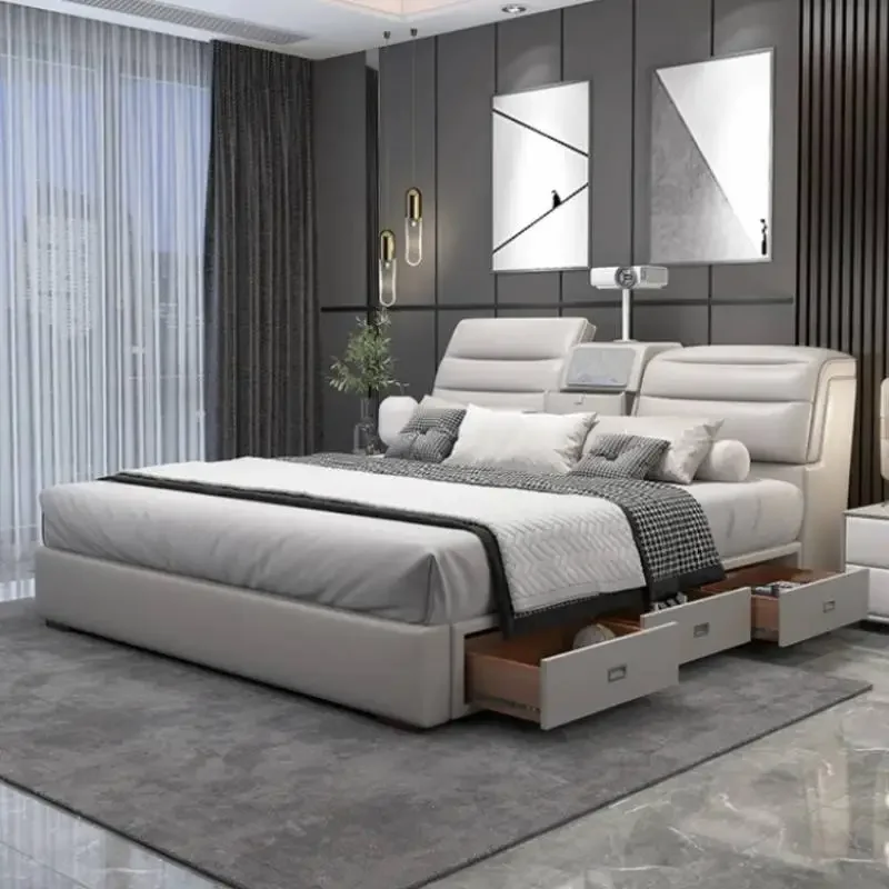 Multifonction European Double Bed Luxury Nordic Leather White Bed Frame High End Wood Camas De Matrimonio Dormitorio Furniture