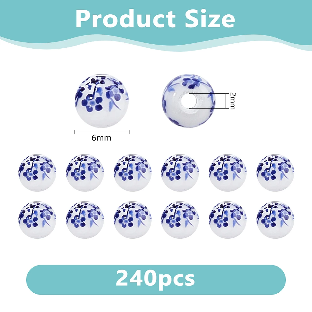 240Pcs Round Ceramic Bead 6mm Blue Flower Bead Handmade Porcelain Spacer Beads Printed Flower Loose Beads for DIY Jewelry Making