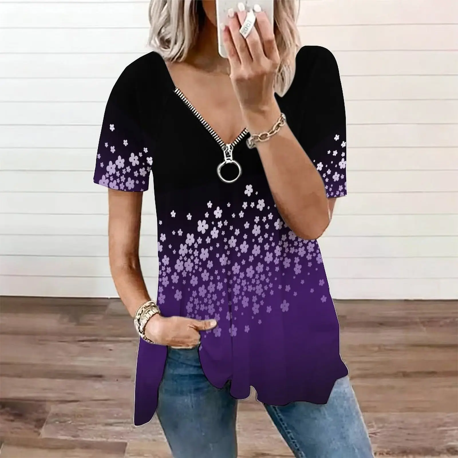 Women Floral Print Zip V Neck Irregular Hem Short Sleeve Casual Tunic Tops