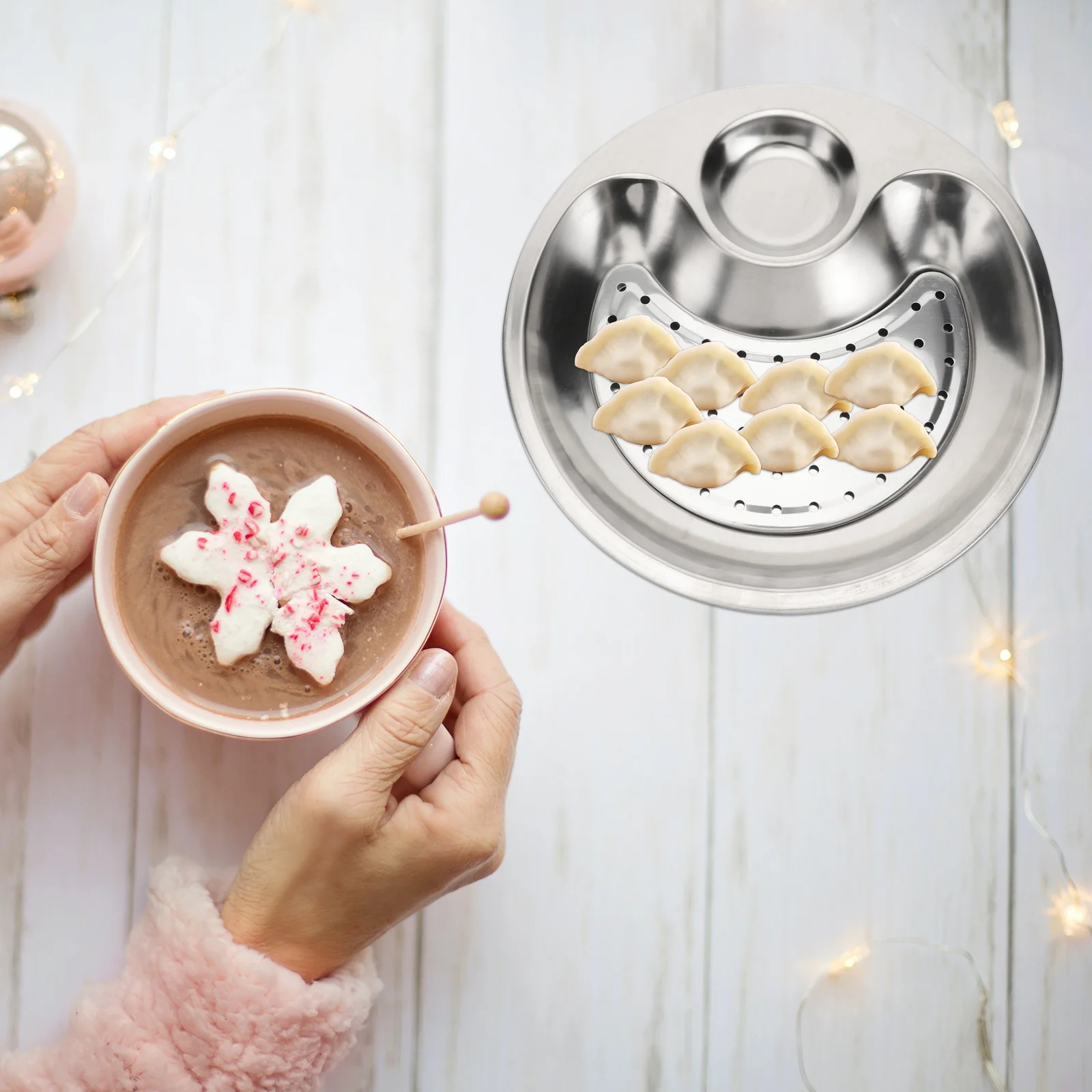 

Stainless Steel Dumpling Plate Design 28cm Draining Tray with Sauce Dish Non Slip Dinner Plate Dumplings Dish