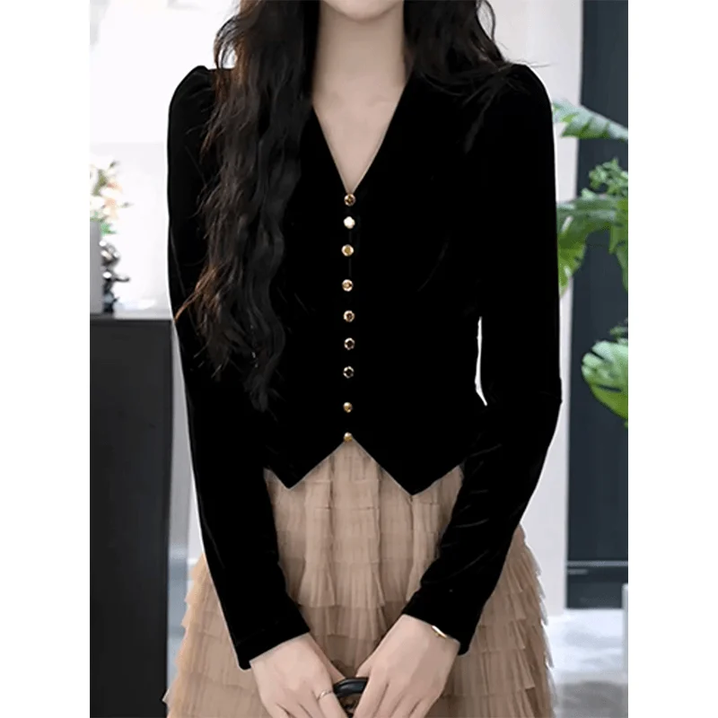 

Ele Slim Fit Pure Bla Long Sve V-Ne irt Women's Early Autumn New Sle Single Button Retro Hong Kong Sle Top