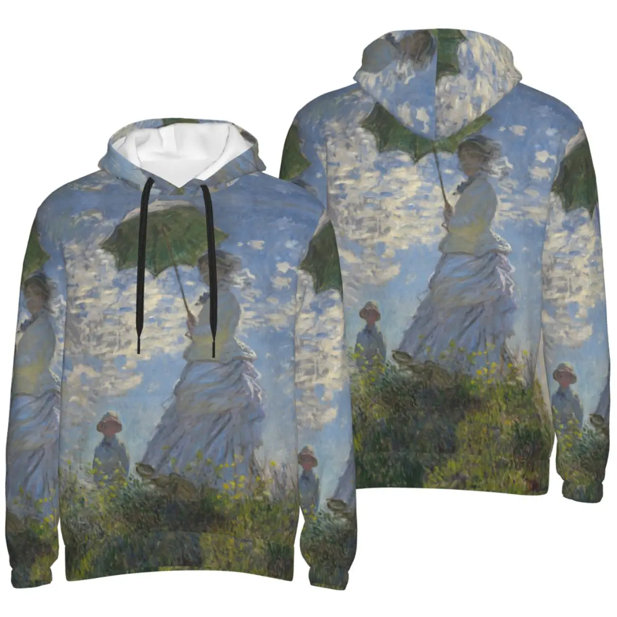 Mens Monet Painting Woman With A Parasol 3D Print Hoodie Hooded Collar Drawstring Hoodies Pullover Sweatshirts Long Sleeve Shirt