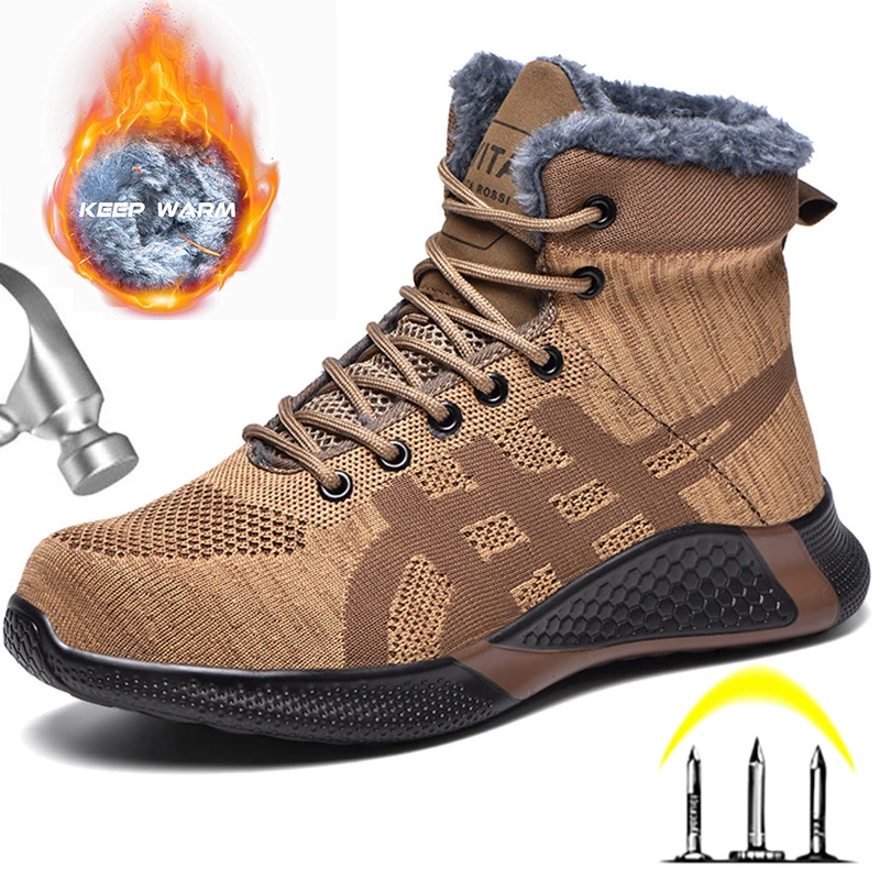 Safety Work Boots Men Winter Boots Indestructible Work Shoes Men Steel Toe Safety Shoes Anti-Smash Work Sneakers Warm Fur Boots