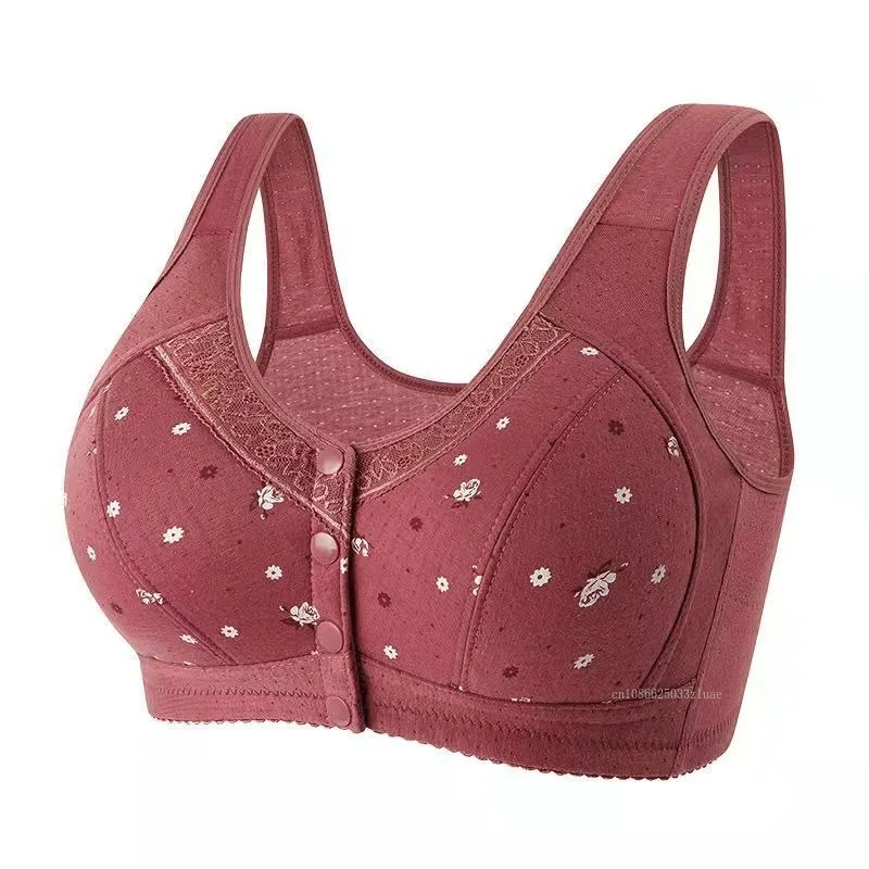 Pure Cotton Bra Front Buckle Lace Edge Printed Vest Bra Winter Keep Warm Women's Brassiere Middle-aged and Elderly Underwear