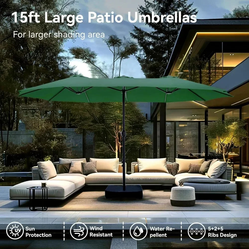 Large Umbrellas with Base, Outdoor Double-Sided Rectangle Market Umbrella for Pool Lawn Garden, Mint Greena Patio Umbrellas