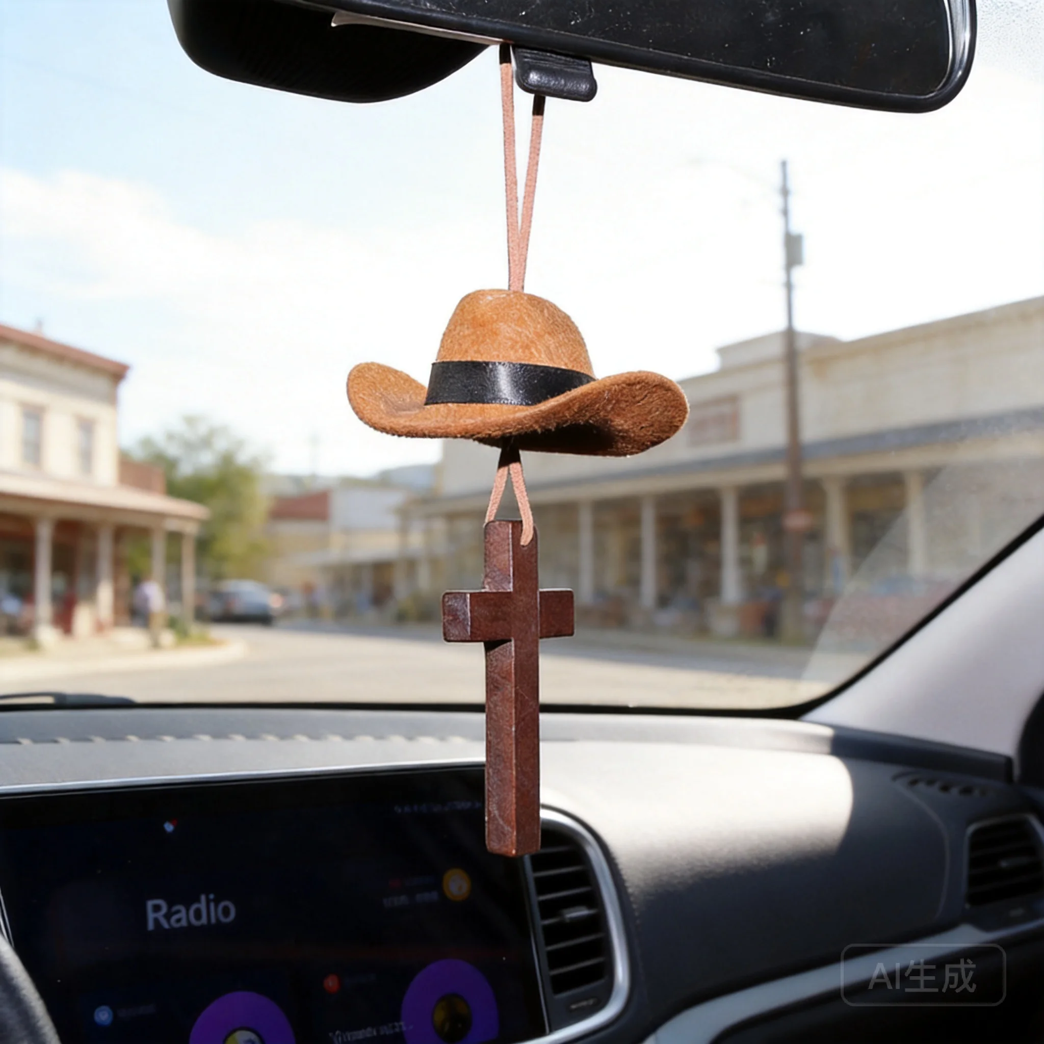 Car Rearview Mirror Hanging Ornament Tibetan Style Handmade Felt Cowboy Hat Wooden Cross Pendant Auto Interior Decoration Safety
