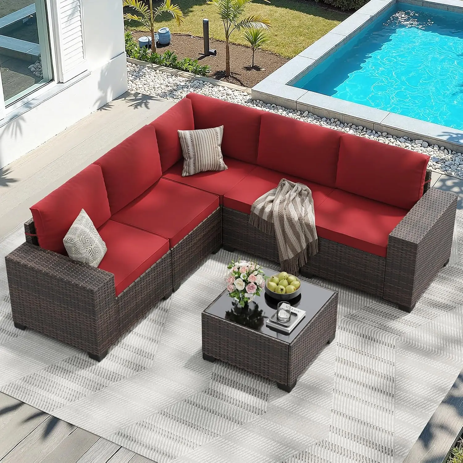 6-Piece All-Weather Wicker Patio Sectional Sofa Set With Cushions & Glass Table For Garden Porch Backyard, Customized