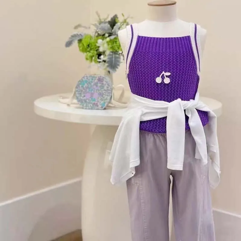 

Per-sale 2026 BP Spring and Summer Girls Purple Camisole Knitted Vest Kids Sweaters for Girls Cherry Knitted Vest Kids Clothes
