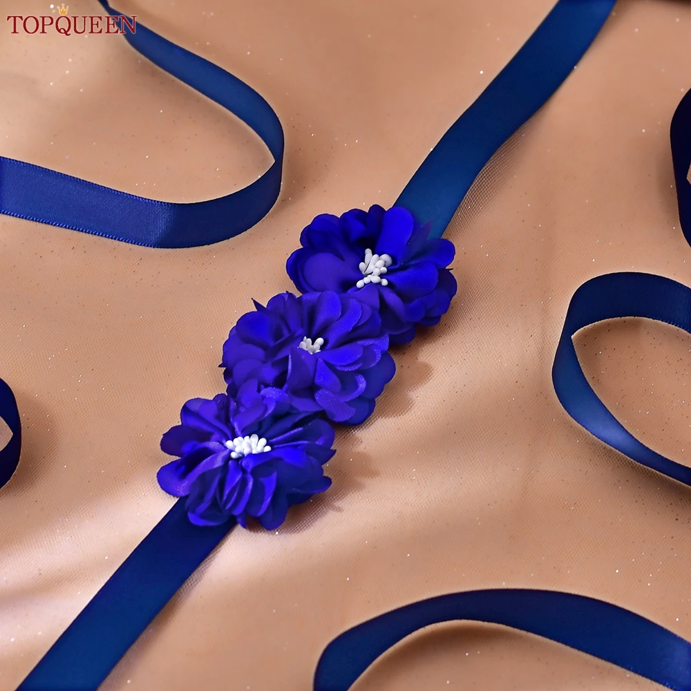 

TOPQUEEN Elegant Handmade Flower Sash Blue Fashion Wedding Sash Bridal Satin Sash Party Sash Bridesmaid Dresses Accessories S140