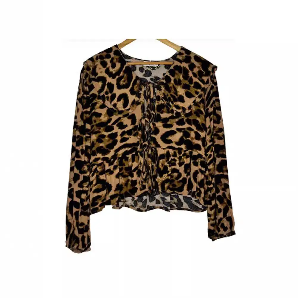 Woman Fashion Leopard Print Top Autumn Casual Lantern Sleeve V Neck Cardigan Lace Up Personality Street Commuting Shirts