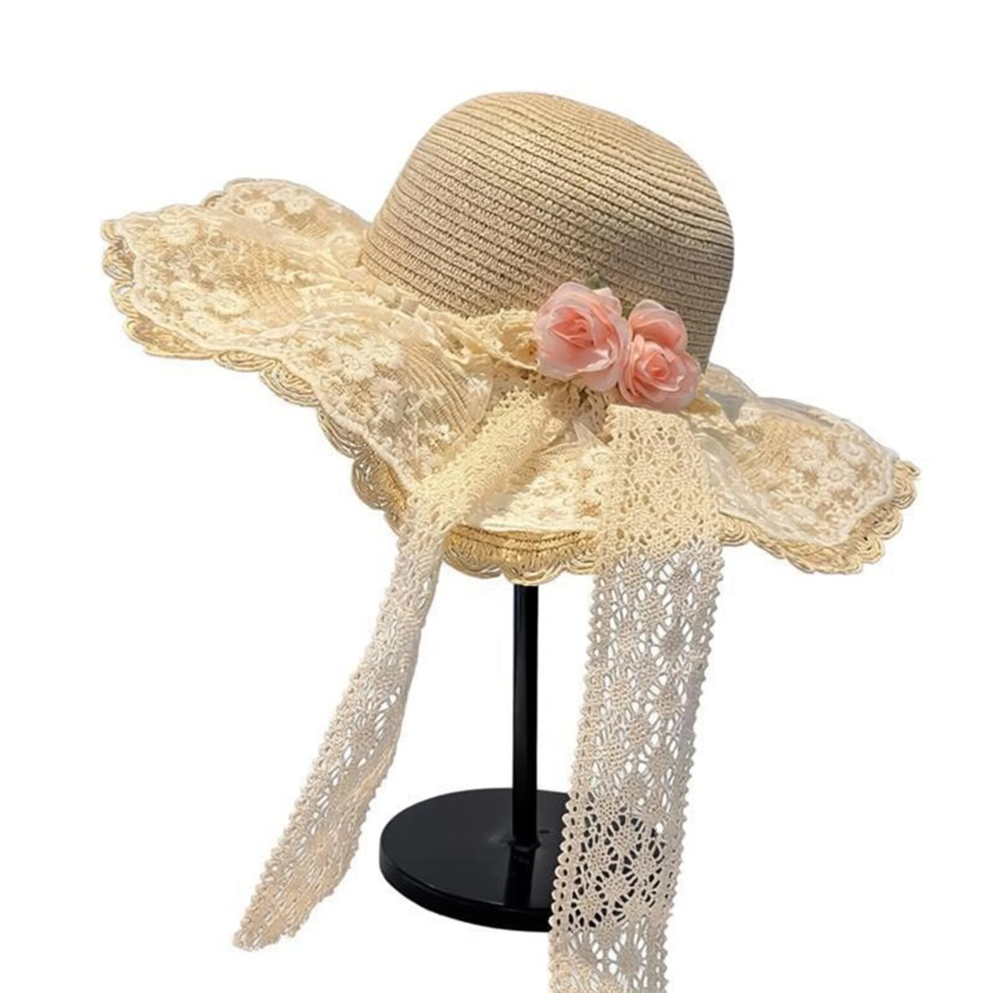 Elegant-Beach Patchwork-Wide-Brim Lace Patchwork Wide Brim Cap With Women Bow Women-S-Summer Professional