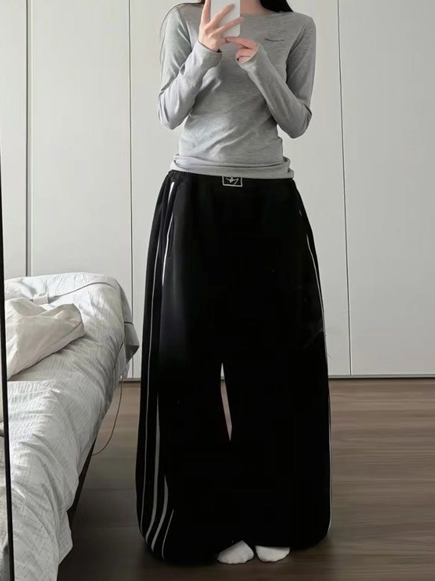 American Style Casual High Waist Wide Leg Pants Women's Autumn New Floor Length Trousers Striped Patchwork Belted Loose Fit