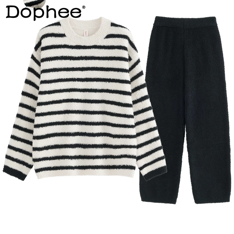 

Japanese Style INS Simple Striped Plush Pajamas for Women Autumn Winter 2025 New Thickened Plush Warm Homewear Set