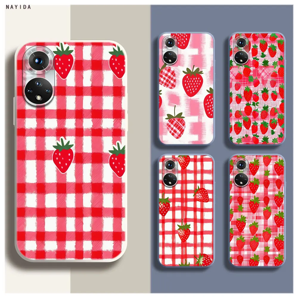 Phone Case For Honor 70 50 X6A X9B X7A X8A X9A Soft Silicone Original Cover Sweet red strawberry pink checkered