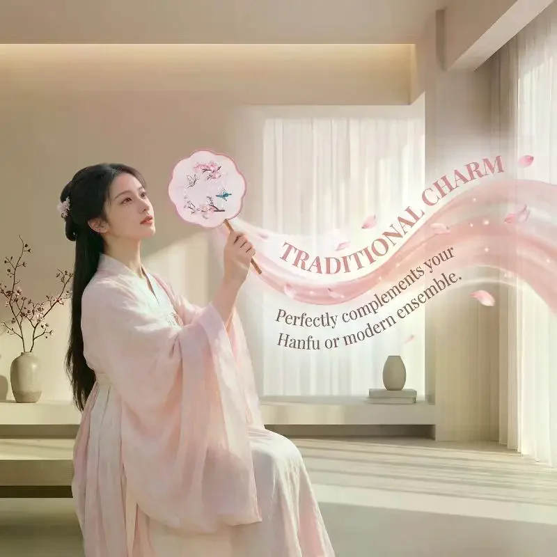 Chinese Silk Round Fan with Delicate Flower Embroidery Paddle Style Vintage Gift for Lady Costume and Living Room Decor