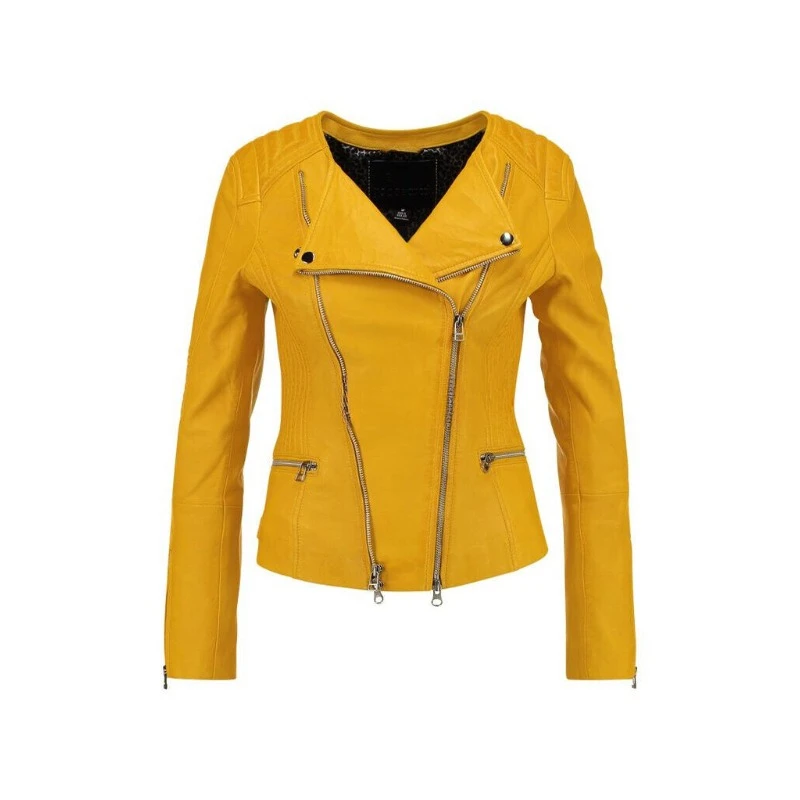 

Womens Genuine Lambskin Real Leather Jacket Biker Stylish Yellow Coat