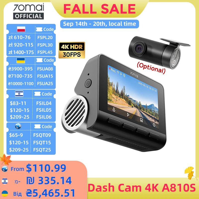 70mai Dash Cam A810S 4K HDR GPS ADAS Auto Record Dual-Channel Motion Detection 4G LTE Support Car DVR 70mai A810S Global Ver