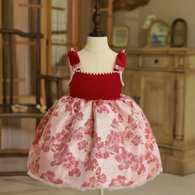 Summer Baby Princess Lolita Dresses for Kids Girl Elegant Ball Gown Flowers Red Dress Infant Party Clothing Boutique Vestidos