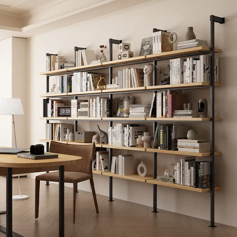 Sofa rear shelf multi-layer minimalist bookshelf living room solid wood bookcase study storage rack wrought iron display cabinet