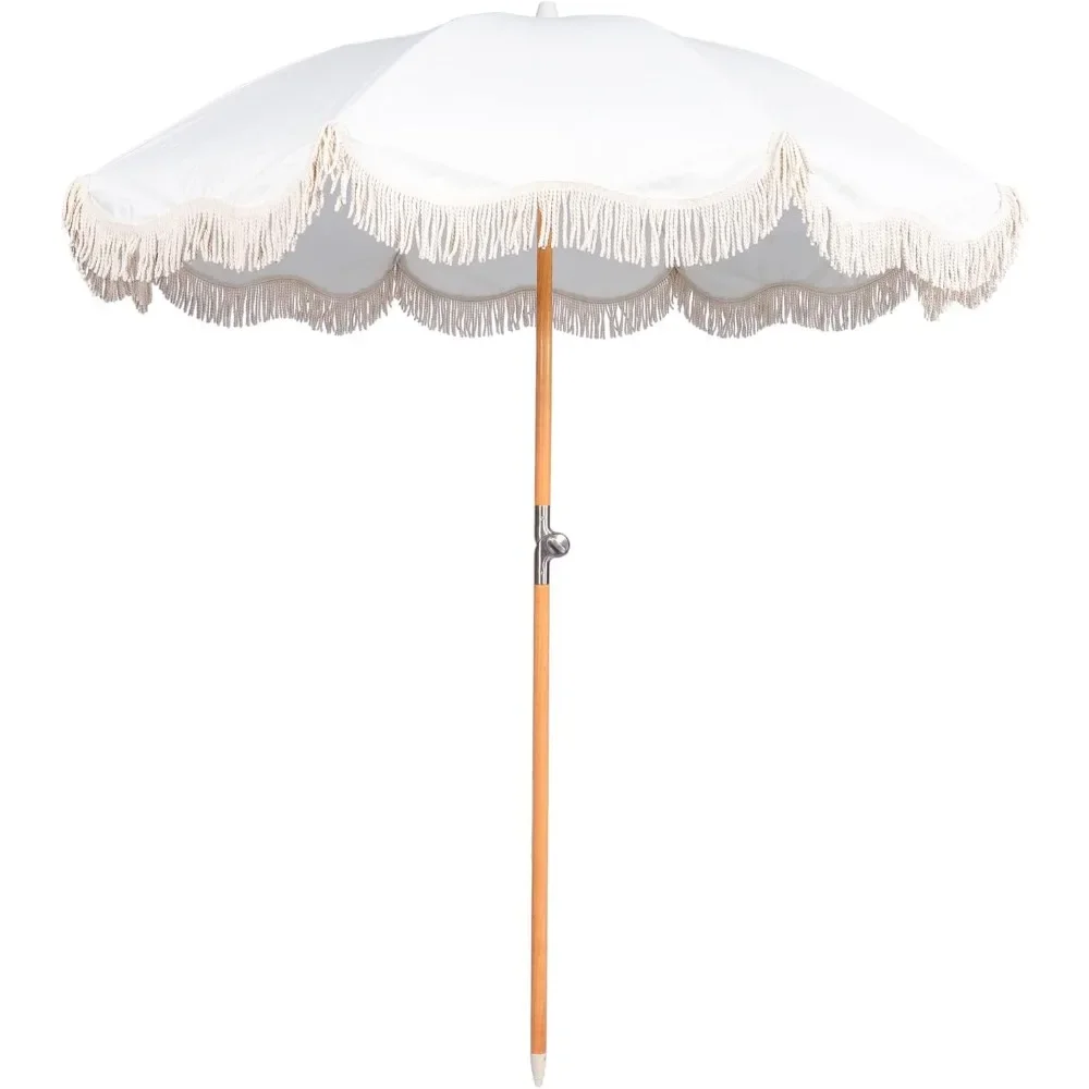 

6.5ft Boho Beach Umbrella with Fringe - UPF 50+ Tassel Umbrella with Carry Bag & Premium Wood Pole - Foldable Patio Umbrella