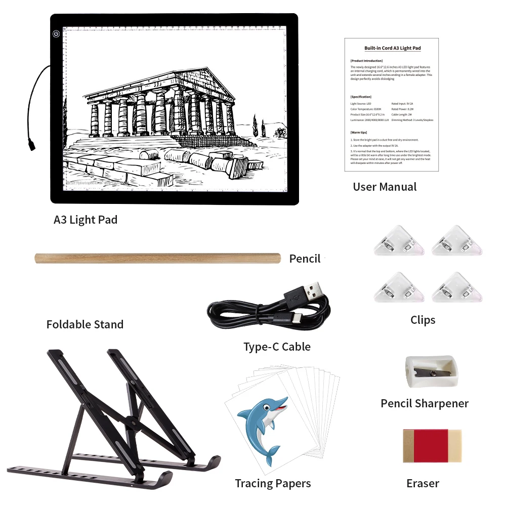 

A3 Light Pad with Foldable Stand,8000 Lux Super Bright Ultra Thin Pad for Tracing, Sketching,Diamond Painting - Black