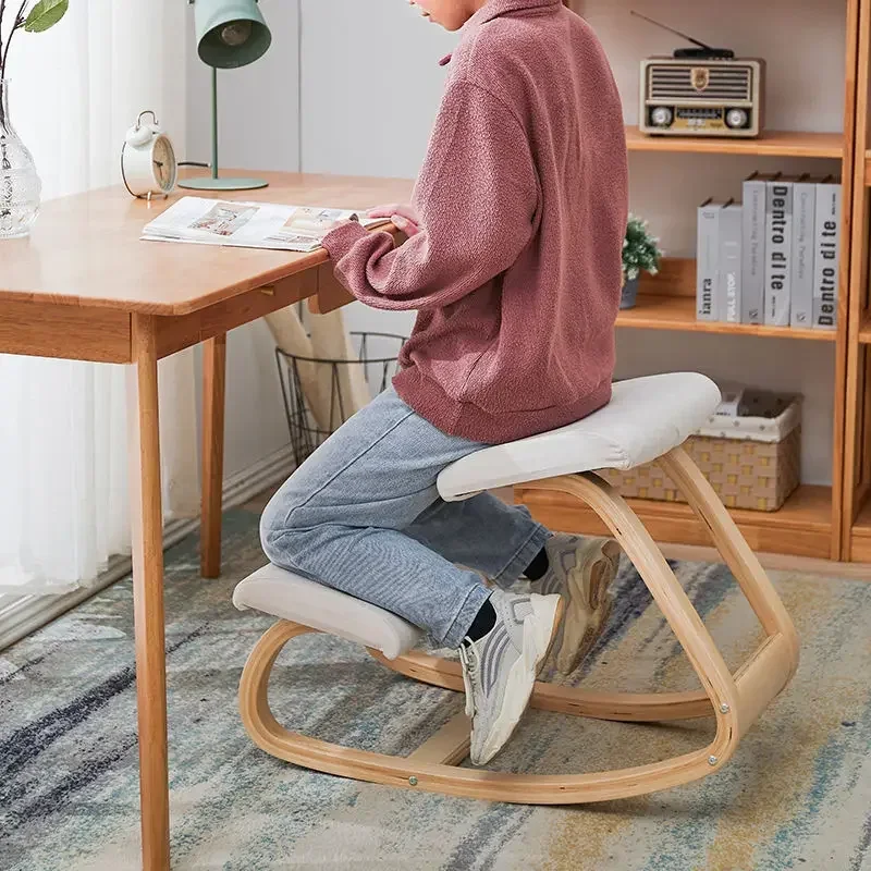 Computer Chair Ergonomic Kneeling Chair Stool W/ Thick Cushion Home Office Chair Improving Body Posture Rocking Wood Knee