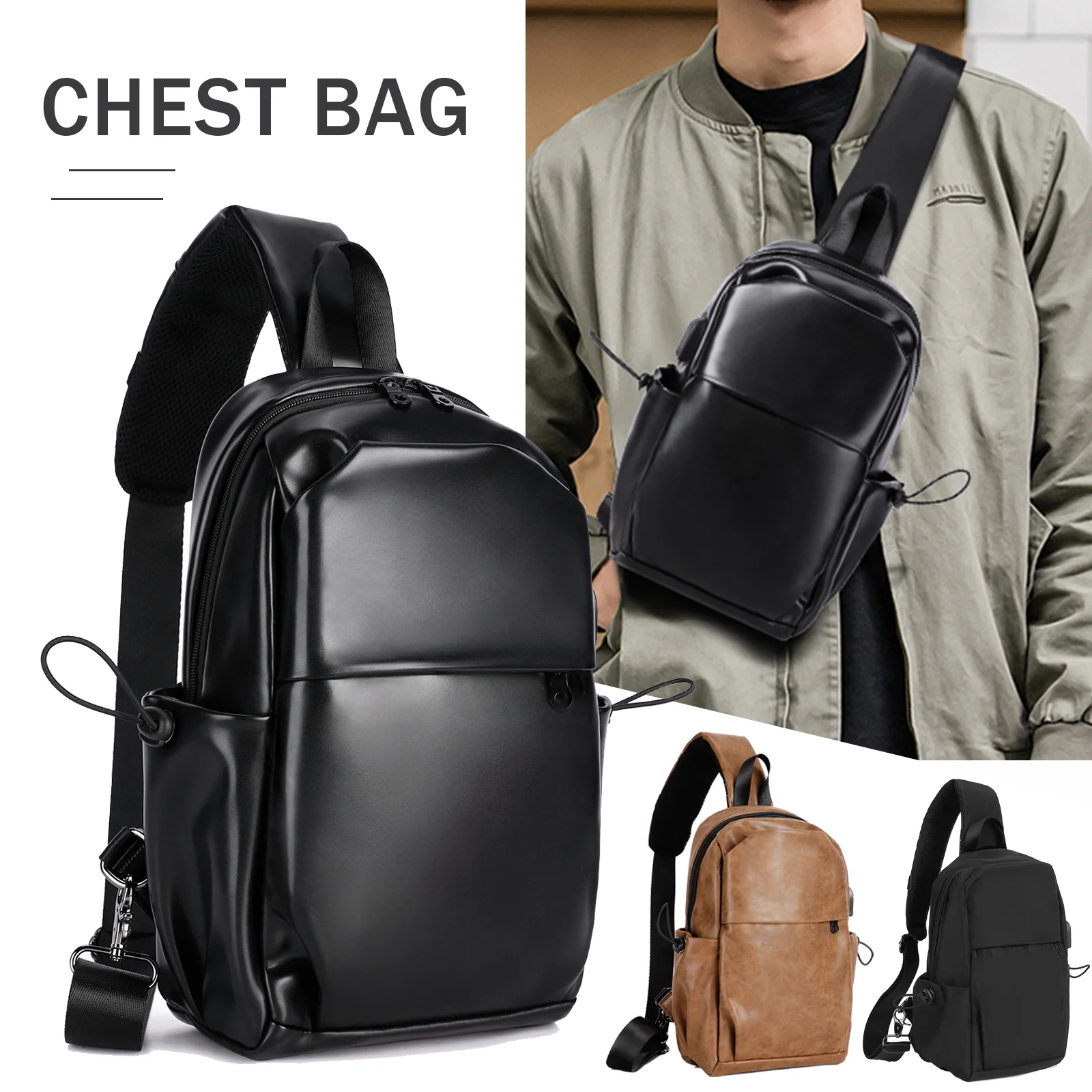 

Men's Chest Bag Waterproof Leisure Crossbody Bag with USB Charging Port Leather Travel Messenger Shoulder Sling Running Bag Pac
