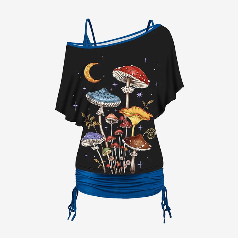 Womens Shirts Tops Galaxy Mushroom Print Oblique Shoulder T-shirt And Cinched V Neck Spaghetti Strap Camisole Two Piece Set