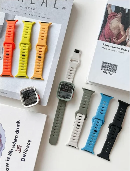 Case+Strap for Apple Watch Series 9 45mm 41mm 8 7 Silicone Band for Iwatch Ultra 2 Series 6 5 4 S9 SE Protective Cover Bracelet