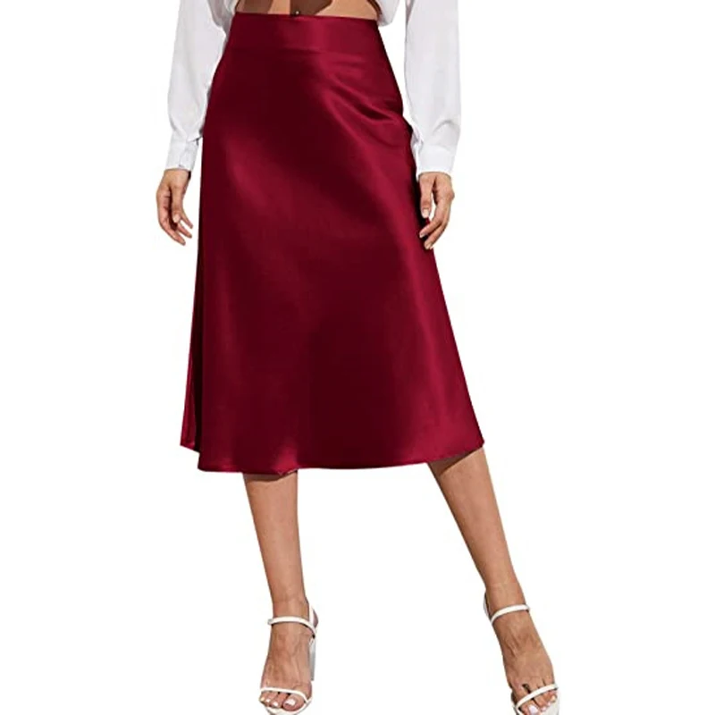 

New Spring Summer High Waist Mid Length Skirt Solid Color Satin Zipper Elegant Commuting Simplicity Over the Knee Skirt