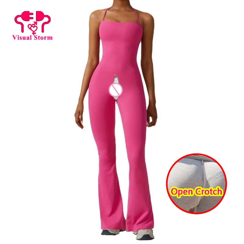 

Backless Sexy Women Open Crotch Yoga Bodysuits for Gym Fitness Push Up Shapers Crotchless Bell-bottoms Cloth Sporty Jumpsuits