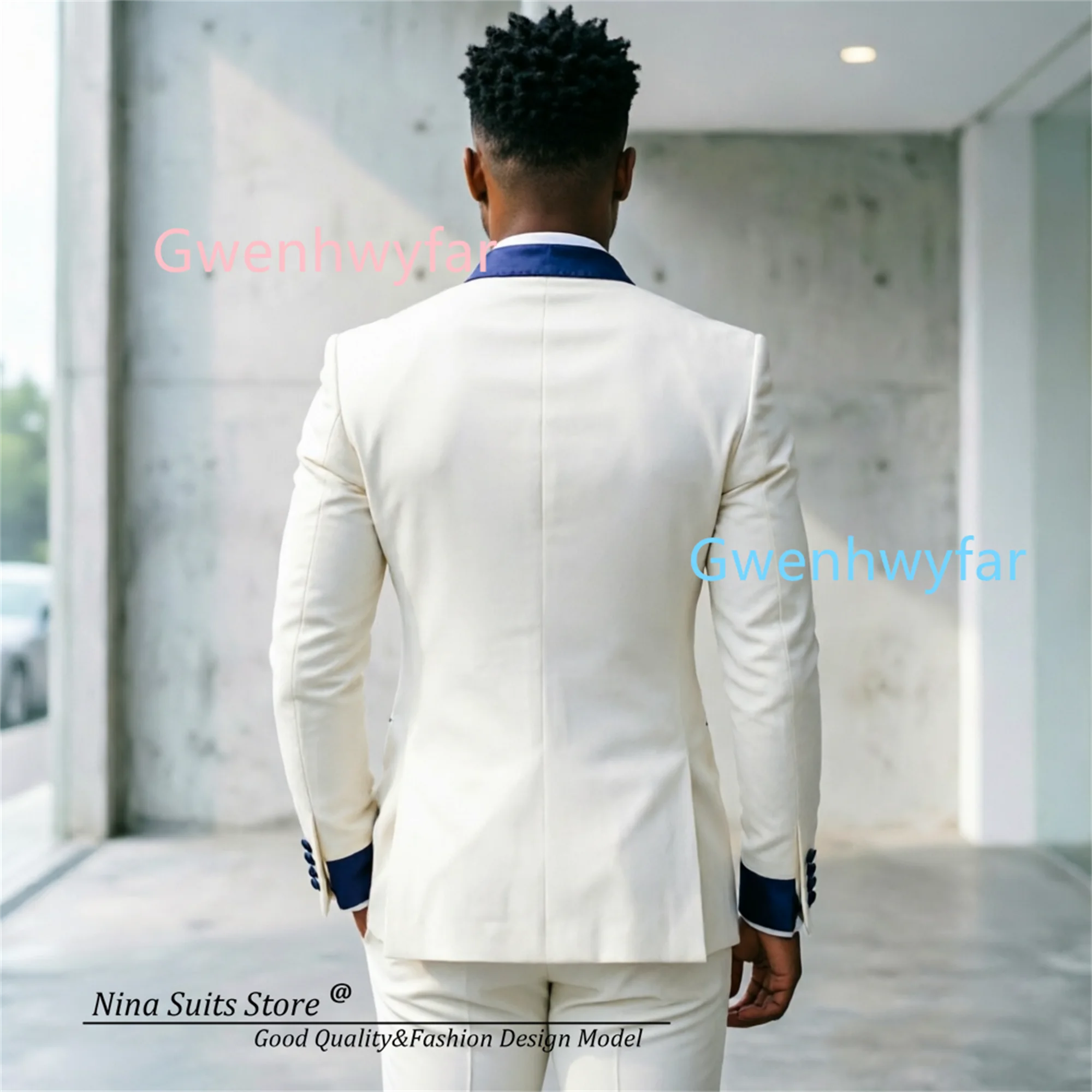 G&N 2026 African Stand Collar Ivory Suit Men's 2-Piece Set The Collar, Placket, and Cuffs of The Jacket in Navy Blue Satin