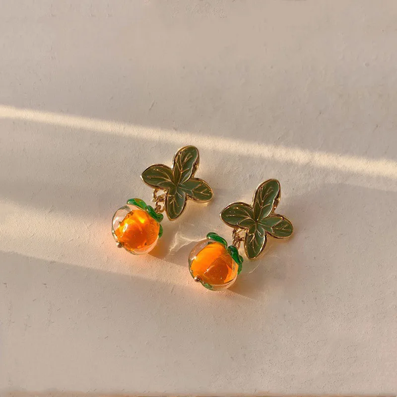 Creative Acrylic Orange Persimmon Leaf Drop Earrings for Women Oil Drip Glazed Green Flower Earrings Summer Party Jewelry