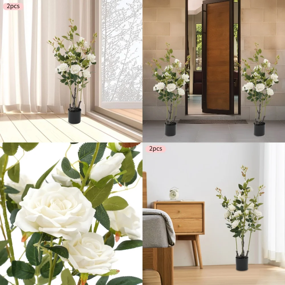 

2 Pack 35.4 Inch Artificial Rose Tree Silk Flower Plant for Home Decor Indoor Outdoor Garden Wedding Party Decoration Fake