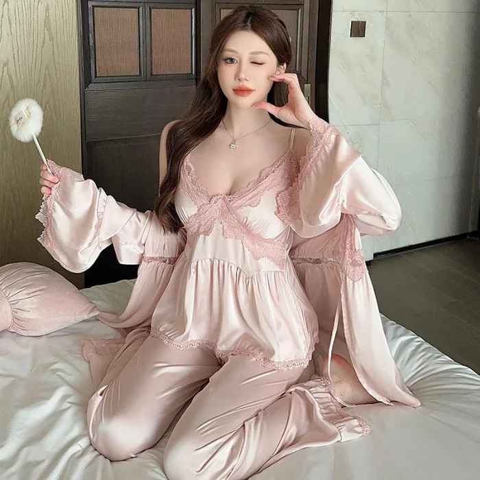 

Lace V-Neck 3PCS Pajamas Sets Female Spring Summer Faux Silk Sleepwear Sexy Strap&Shorts Robe Pijamas Suit Nightwear Homewear