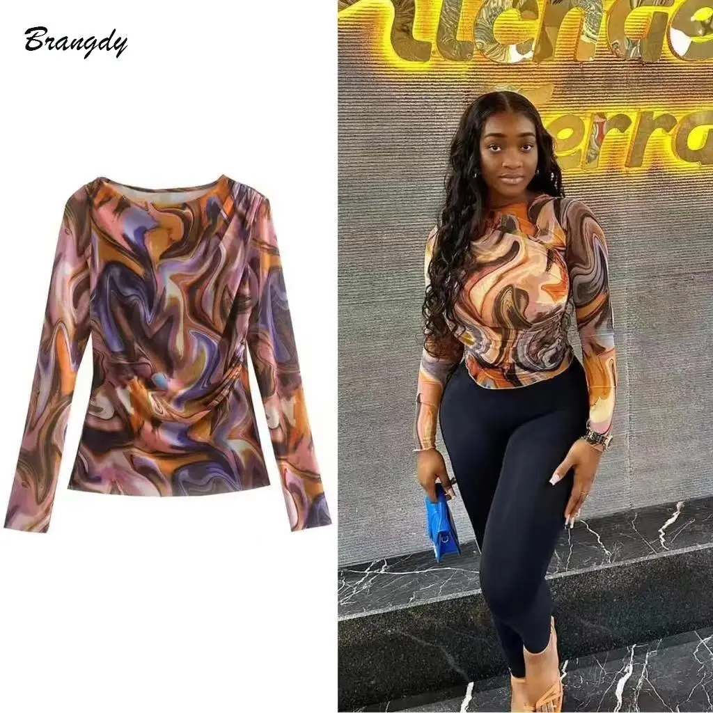 Traf Mesh Tops For Women 2023 Zat Ruched Tie Dyed Printed Vintage Mesh Long Sleeve Tops Female Spring Summer T Shirt Y2k Tops