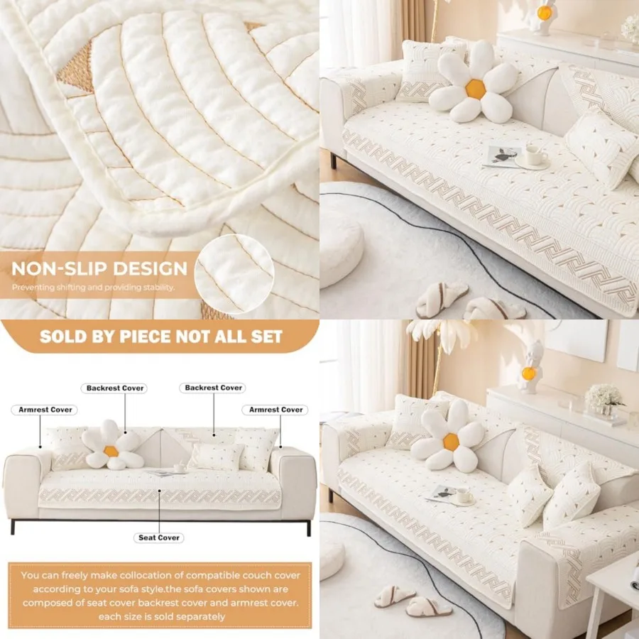 

Solid Color Cotton Quilted Sofa Couch Cover Weave Pattern Soft Sectional Couch Covers Embroidery Non-Slip Sofa Slipcover for Do