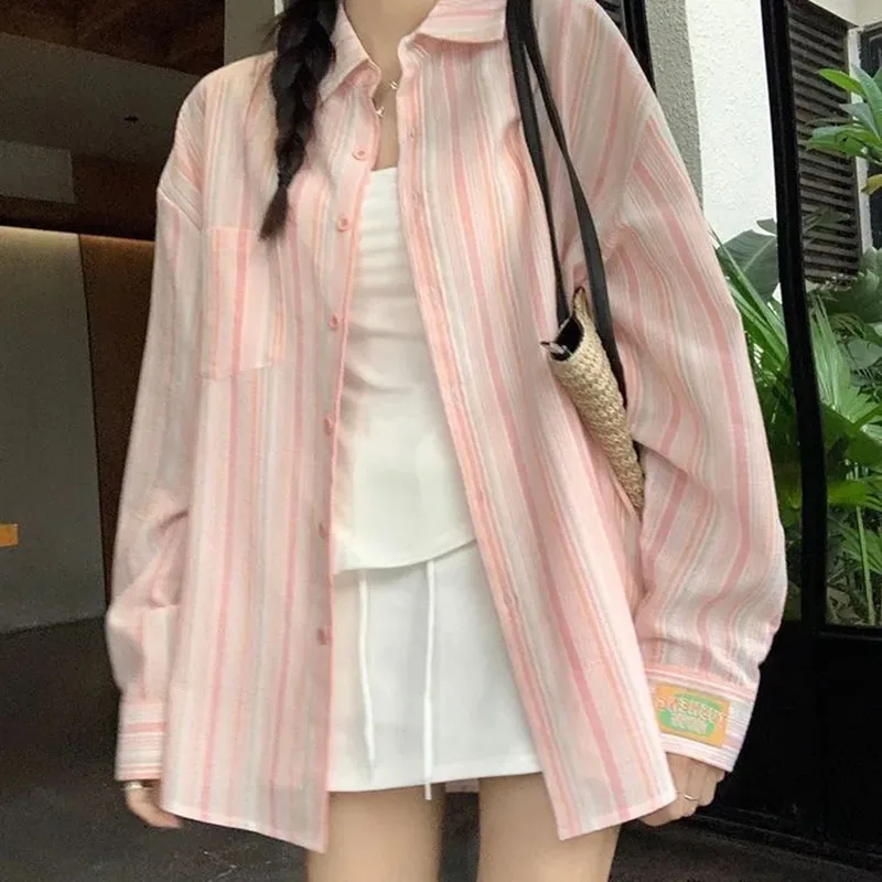 Vintage Striped Print Shirts Women Loose Korean Long Sleeve Casual Button Top Y2K Female Summer Baggy All-Match Lapel Streetwear