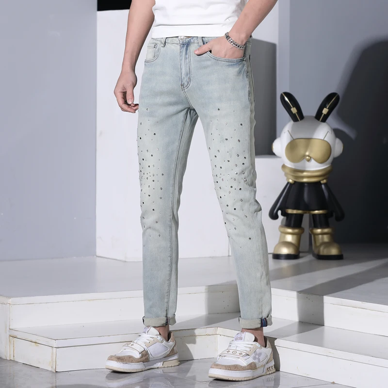 2024 Summer thin jeans MEN'S FASHION rhinestone design Stretch Slim fit pencil casual fashion brand light blue pants