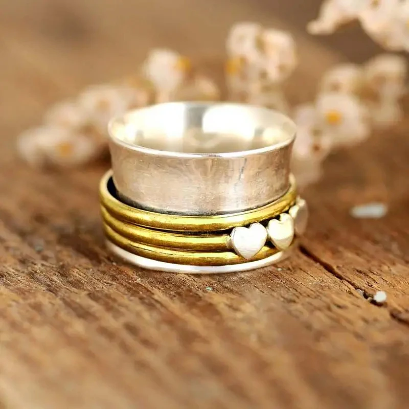 Huitan Hip Hop Wide Rings for Women Two Tone Metal Finger Accessories 3 Hearts Exquisite Female Rings Daily Wear Party Jewelry