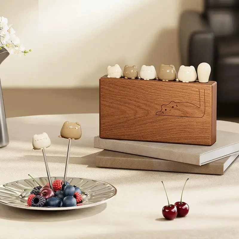 6PCS Cute Cat Handle Fruit Forks Stainless Steel Dessert Forks with Stylish Wooden Holder for Family Entertaining or Cafes
