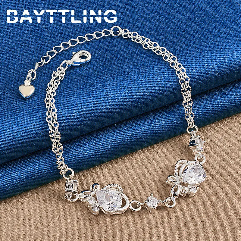 

Fashion 925 Sterling Silver 8 Inches Shiny Flowers Zircon Bracelet For Women Charm Engagement Jewelry Accessories