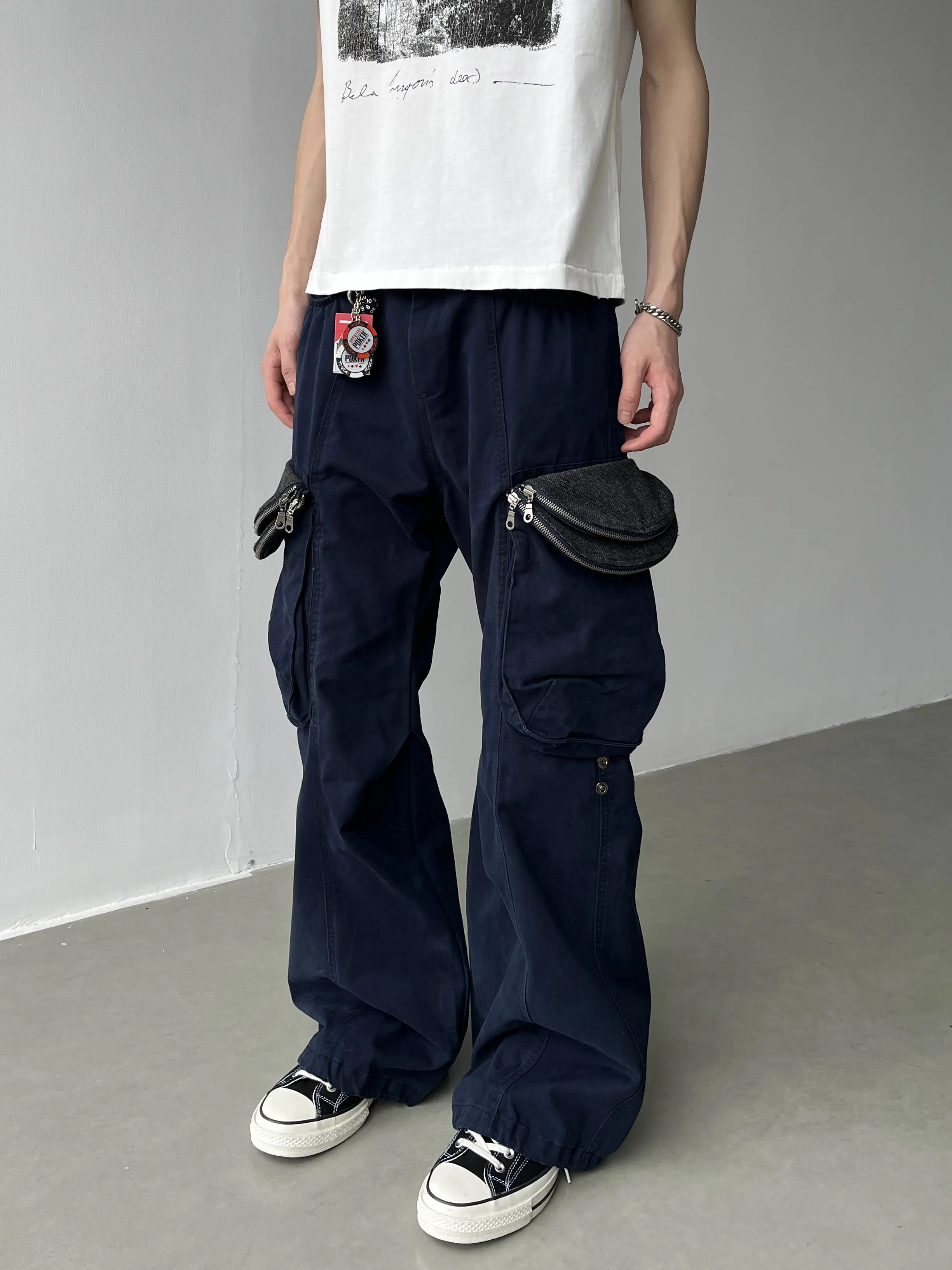 American Street Retro Double Zipper Multi Pocket Work Pants Men Women 3D Cutting Straight Leg Wide Leg Cargo Jeans