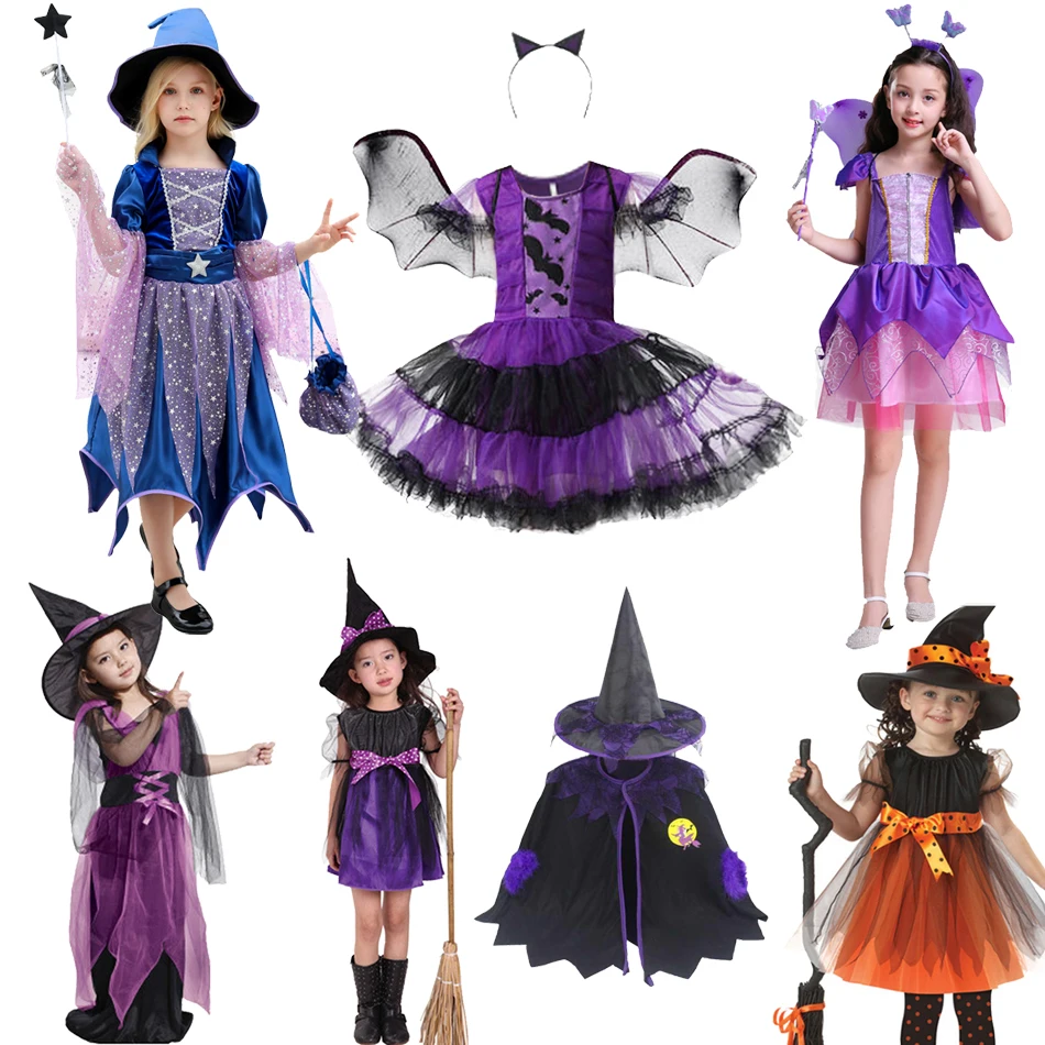 Halloween Costume Girls Fantasy Witch Dress Luxury Fancy Bat Spider Halloween Theme Party Outfits Kids Stage Performance Sets