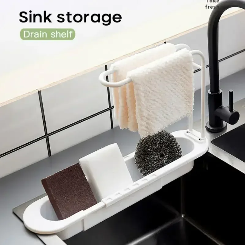 Telescopic Sink Shelf Drainer Rack Kitchen Organizer Soap Sponge Holder Towel Rack Storage Basket Hanger Gadgets Accessories New