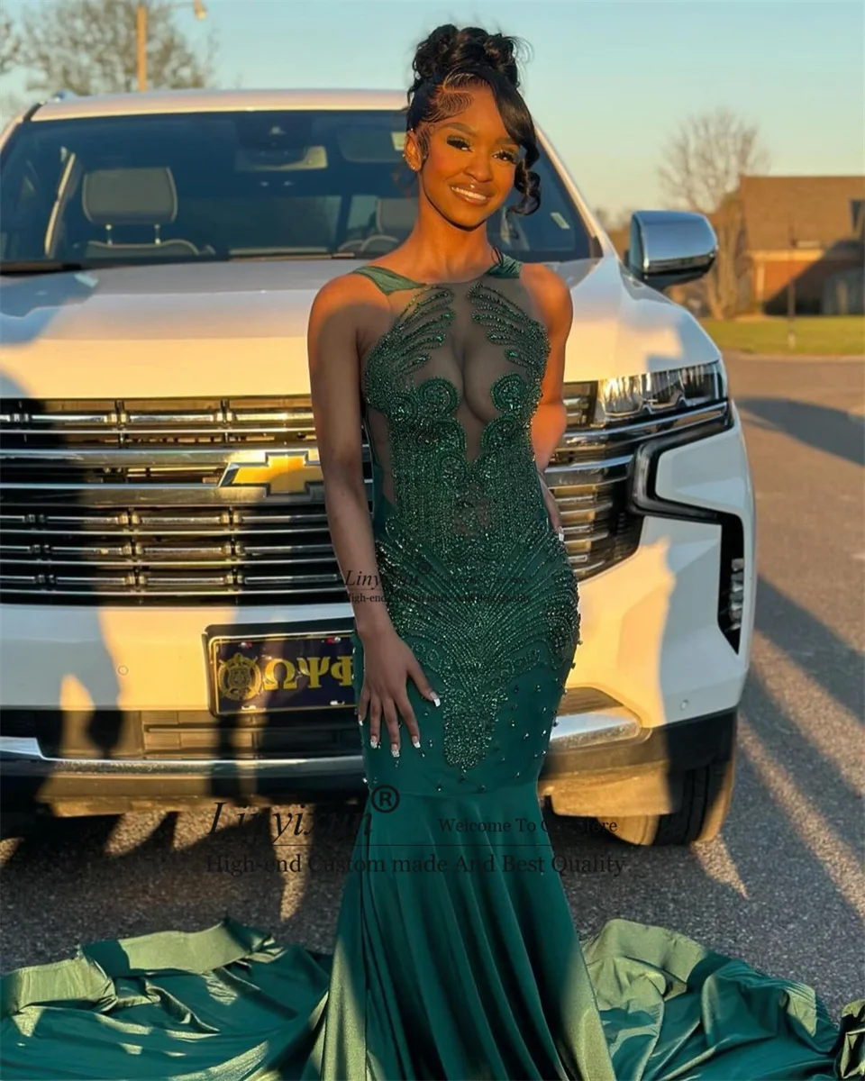 Luxury Sparkly Green Prom Dress For Black Girls Plus Size Glitter Sequin Crystal Rhinestones Bead Evening Party Gown Robe De Bal